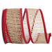 Natural jute wired ribbon with open weave and red fabric edge, 2.5 inches wide by 10 yards, SKU 94057W-756-40F.