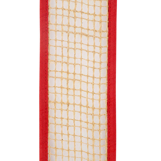 Natural jute wired ribbon with open weave and red fabric edge, 2.5 inches wide by 10 yards, SKU 94057W-756-40F.
