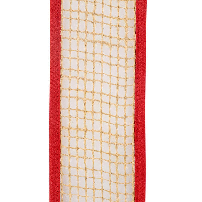 Natural jute wired ribbon with open weave and red fabric edge, 2.5 inches wide by 10 yards, SKU 94057W-756-40F.