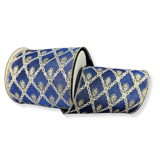 Navy metallic satin wired ribbon with gold and white diamond lattice pattern and sparkling jewel-like accents.