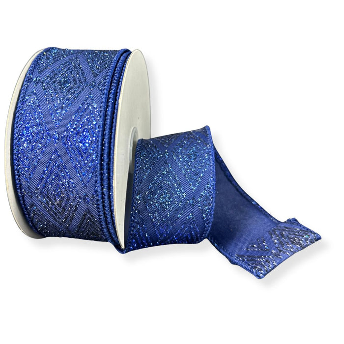 Navy satin wired ribbon with glitter multi-diamond pattern, 1.5 inches wide by 10 yards.