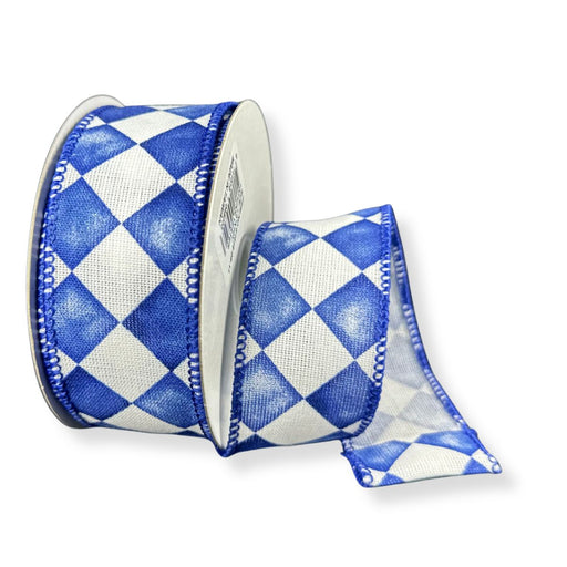 Navy blue and white watercolor check wired ribbon, 1.5 inches wide by 10 yards.