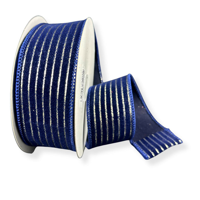 Navy velvet wired ribbon with thin champagne metallic pressed stripes, 1.5 inches wide.