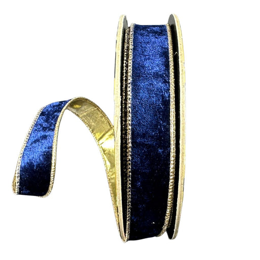 Navy blue lush velvet wired ribbon with metallic gold backing and gold edge, double sided, 1 inch x 10 yards, SKU D73648-10-27.
