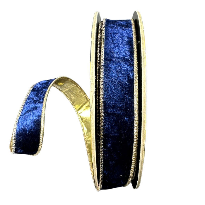 Navy blue lush velvet wired ribbon with metallic gold backing and gold edge, double sided, 1 inch x 10 yards, SKU D73648-10-27.