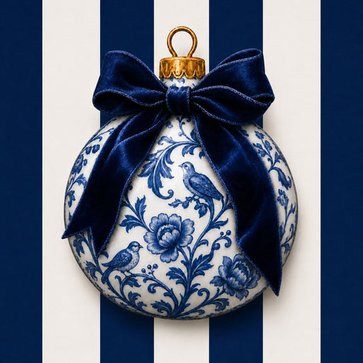 Flat blue and white chinoiserie metal sign featuring a Christmas ornament design, navy bow and striped background TTE-762