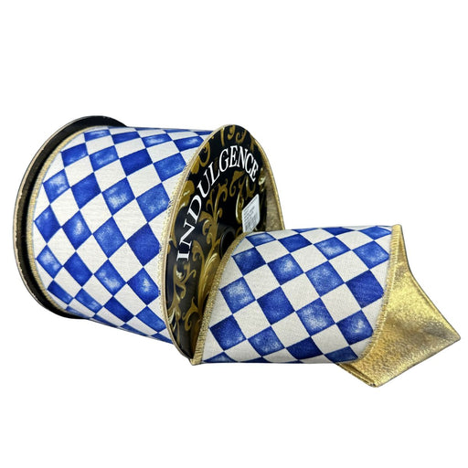 Navy blue and white watercolor harlequin check wired ribbon with metallic gold back, double sided, 4 inches x 10 yards, SKU D73639-04-36.