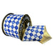 Navy blue and white watercolor harlequin check wired ribbon with metallic gold back, double sided, 4 inches x 10 yards, SKU D73639-04-36.