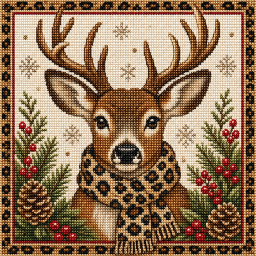 Needlepoint style Christmas deer with leopard animal print scarf, greenery, red berries and pinecones metal wreath sign