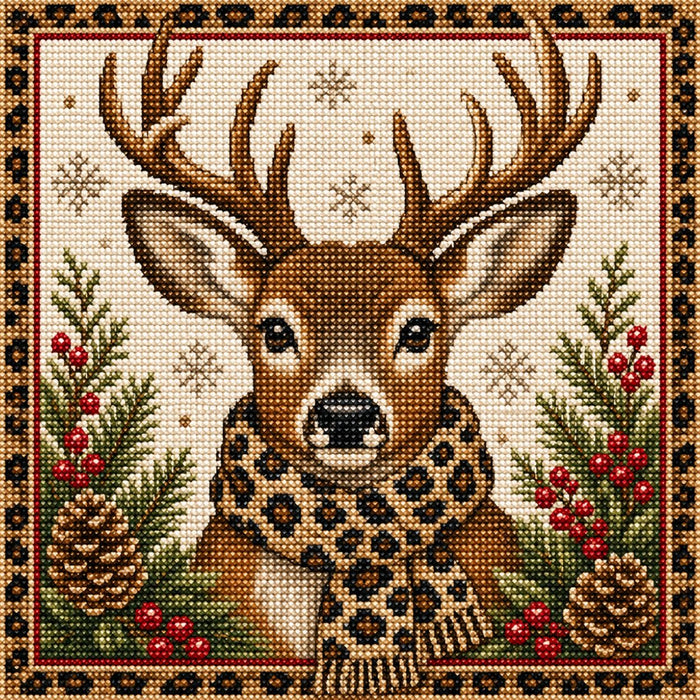 Needlepoint style Christmas deer with leopard animal print scarf, greenery, red berries and pinecones metal wreath sign