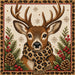 Needlepoint style Christmas deer with leopard animal print scarf, greenery, red berries and pinecones metal wreath sign