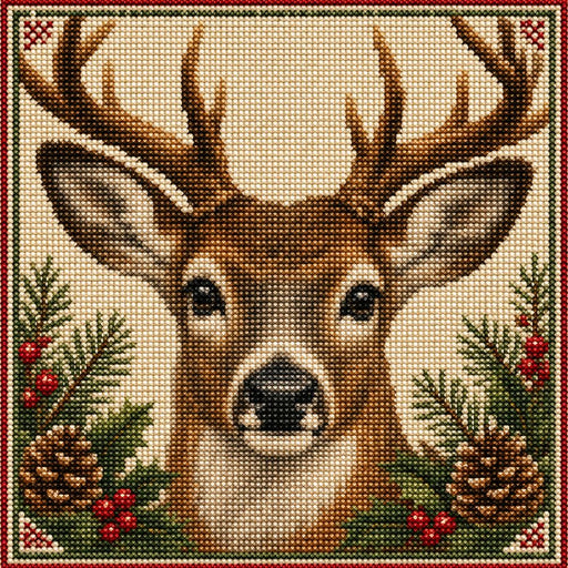 Needlepoint-style deer 10 inch metal winter sign with antlers, evergreen branches, pinecones and red berries on a cream background, TTE-688.