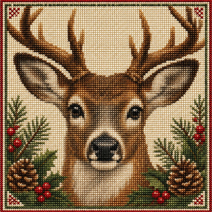 Needlepoint-style deer 10 inch metal winter sign with antlers, evergreen branches, pinecones and red berries on a cream background, TTE-688.