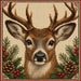 Needlepoint-style deer 10 inch metal winter sign with antlers, evergreen branches, pinecones and red berries on a cream background, TTE-688.