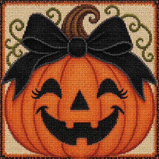 Needlepoint jack-o'-lantern 10 inch metal Halloween sign with stitched-look pumpkin design for wreath and front door decor, TTE-615.