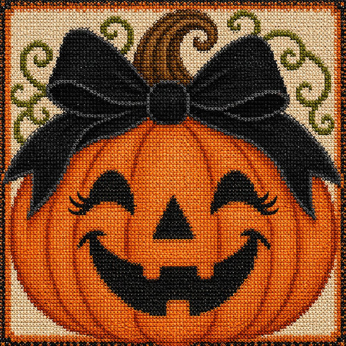 Needlepoint jack-o'-lantern 10 inch metal Halloween sign with stitched-look pumpkin design for wreath and front door decor, TTE-615.