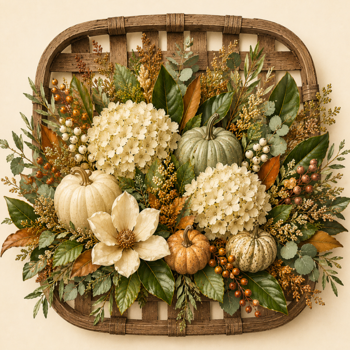 Neutral fall tobacco basket sign featuring cream hydrangeas, pumpkins, magnolia bloom, berries, eucalyptus, and autumn foliage in soft harvest colors.