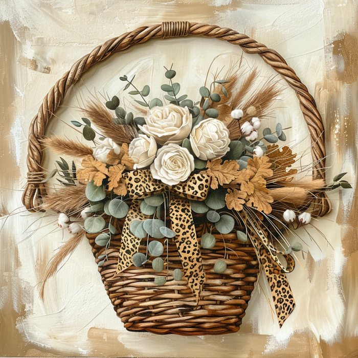 Rustic neutral floral basket design printed on a 10" x 10" square metal sign, featuring cream roses, greenery, cotton stems, wheat accents, and a leopard print bow on a textured farmhouse background.
