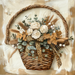 Rustic neutral floral basket design printed on a 10" x 10" square metal sign, featuring cream roses, greenery, cotton stems, wheat accents, and a leopard print bow on a textured farmhouse background.
