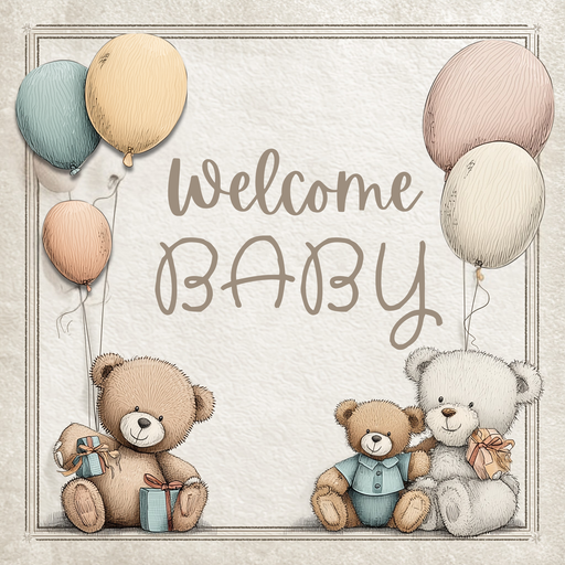 Welcome Baby metal sign with pastel teddy bears and balloons, available at Trendy Tree.