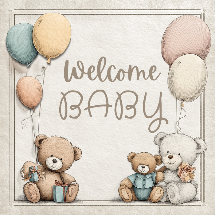 Welcome Baby metal sign with pastel teddy bears and balloons, available at Trendy Tree.