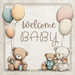 Welcome Baby metal sign with pastel teddy bears and balloons, available at Trendy Tree.