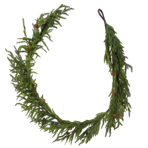 Green Norfolk pine Christmas garland with mini pinecones, 72 inches long.