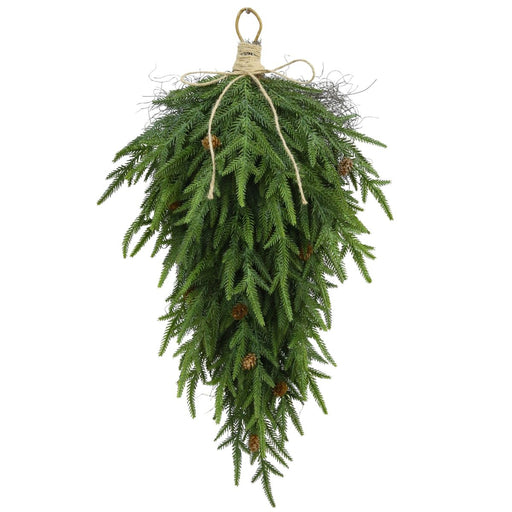 Soft Touch Norfolk pine Christmas teardrop with mini pinecones and rustic hanging loop, 26 inches.