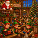North Pole Toy Workshop Christmas metal sign featuring Santa, busy elves making toys, Christmas trees, and festive workshop décor. Exclusive Trendy Tree Design. SKU TTE-547.