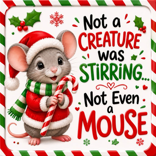 Not a Creature Was Stirring 10 inch Christmas metal sign with cute mouse wearing Santa hat and green striped scarf, holding a candy cane with red and green lettering, TTE-698.
