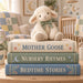 Plush lamb with sage bow sitting on vintage nursery rhyme and bedtime story book stack