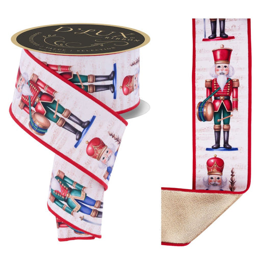 Nutcracker Christmas ribbon with red, emerald, and blue toy soldier design on ivory background featuring vintage sheet music, 2.5 inch wired edge fused ribbon for holiday decorating and bows.