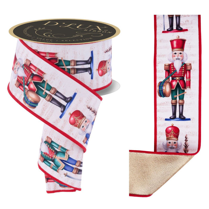 Nutcracker Christmas ribbon with red, emerald, and blue toy soldier design on ivory background featuring vintage sheet music, 2.5 inch wired edge fused ribbon for holiday decorating and bows.
