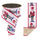 Nutcracker Christmas ribbon with red, emerald, and blue toy soldier design on ivory background featuring vintage sheet music, 2.5 inch wired edge fused ribbon for holiday decorating and bows.