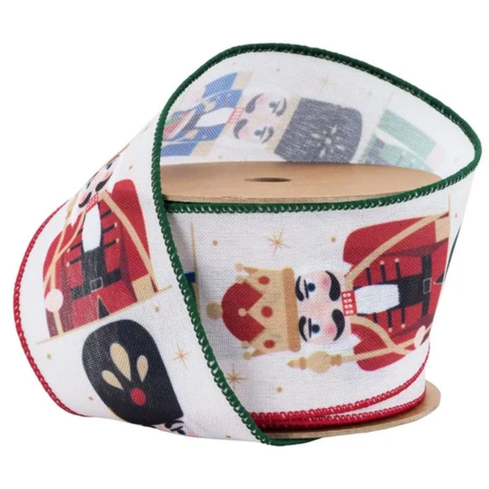 A spool of Wired Nutcracker Christmas Ribbon with Red & Green Edge (2.5 Inches x 10 Yards, 9648W-812-63E), featuring illustrations of nutcracker characters in colorful uniforms and festive green and red piping along the wired edges—perfect for adding a charming touch to Christmas wreaths.