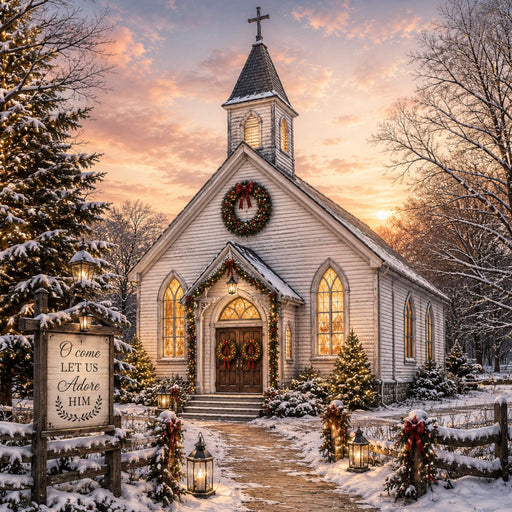Snowy Christmas church metal sign with O Come Let Us Adore Him message, wreaths and glowing lights