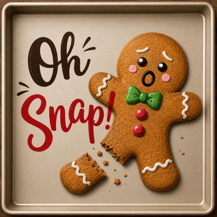 Oh Snap! gingerbread cookie Christmas metal sign featuring a bitten gingerbread cookie on a baking sheet with playful holiday wording. Exclusive Trendy Tree Design. SKU TTE-558.