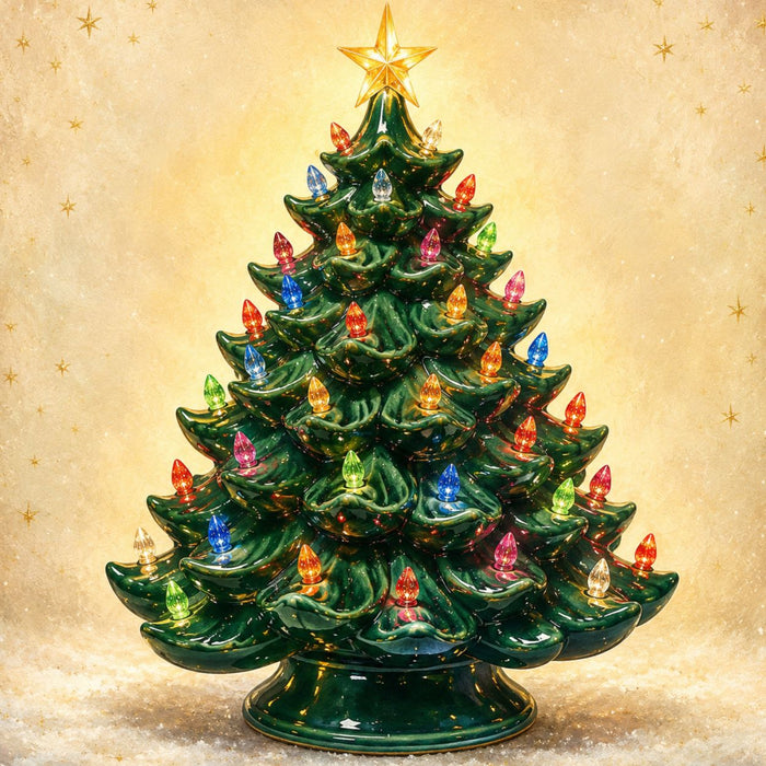 Flat metal Christmas sign printed with an old-fashioned green ceramic Christmas tree, colorful lights, golden star, and warm cream background