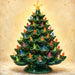Flat metal Christmas sign printed with an old-fashioned green ceramic Christmas tree, colorful lights, golden star, and warm cream background