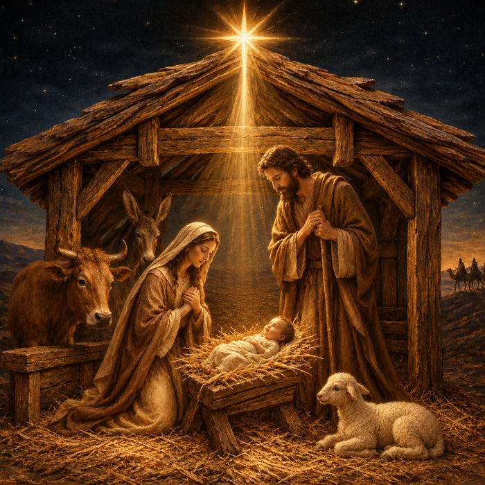 Old World Nativity scene with Mary, Joseph, baby Jesus and glowing golden Christmas star