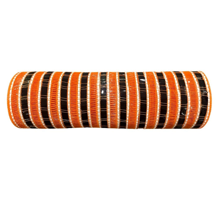 10-inch metallic wide stripe mesh roll in orange, black, and white, 10 yards long, ideal for Halloween wreath making and seasonal decorating.