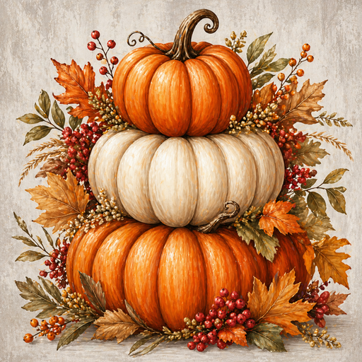 TTE-460 metal sign featuring a stack of orange and cream pumpkins surrounded by autumn leaves, berries, and harvest foliage on a neutral background.