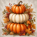 TTE-460 metal sign featuring a stack of orange and cream pumpkins surrounded by autumn leaves, berries, and harvest foliage on a neutral background.