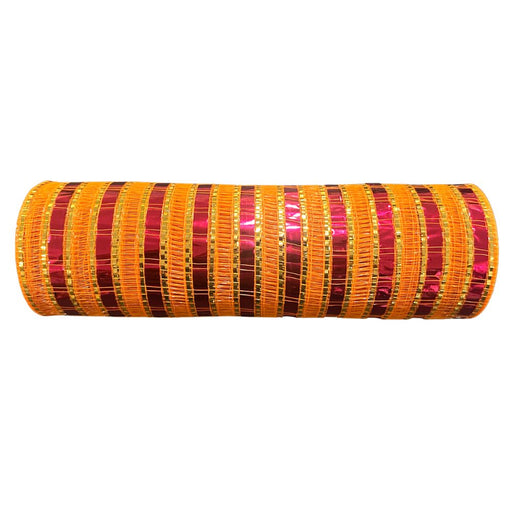 10-inch metallic wide stripe mesh roll in orange, fuchsia, and gold, 10 yards long, ideal for wreath making and seasonal decorating.