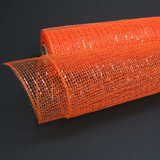 10-inch orange metallic mesh roll with woven metallic accents, 10 yards long, ideal for wreath making, garlands, and seasonal decorating.