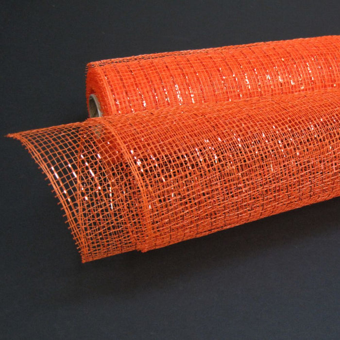 10-inch orange metallic mesh roll with woven metallic accents, 10 yards long, ideal for wreath making, garlands, and seasonal decorating.