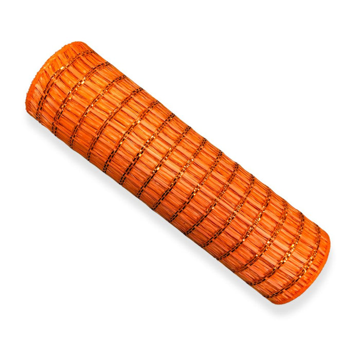 A roll of 10" Orange Metallic Wide Weave Mesh (XB104310-19), featuring a vibrant orange hue and mesh design, is displayed on a white background. The material, tightly rolled and bound with black and gold threads, resembles those commonly used in wreath making or as striking metallic mesh accents in decorative crafts.
