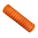 A roll of 10" Orange Metallic Wide Weave Mesh (XB104310-19), featuring a vibrant orange hue and mesh design, is displayed on a white background. The material, tightly rolled and bound with black and gold threads, resembles those commonly used in wreath making or as striking metallic mesh accents in decorative crafts.