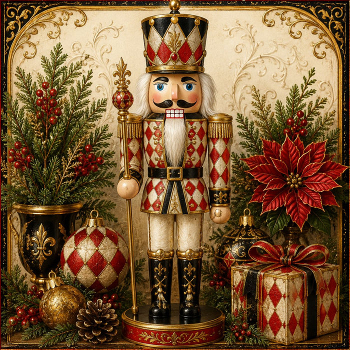 Ornate red black ivory and gold harlequin nutcracker Christmas metal wreath sign with greenery and ornaments