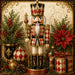 Ornate red black ivory and gold harlequin nutcracker Christmas metal wreath sign with greenery and ornaments